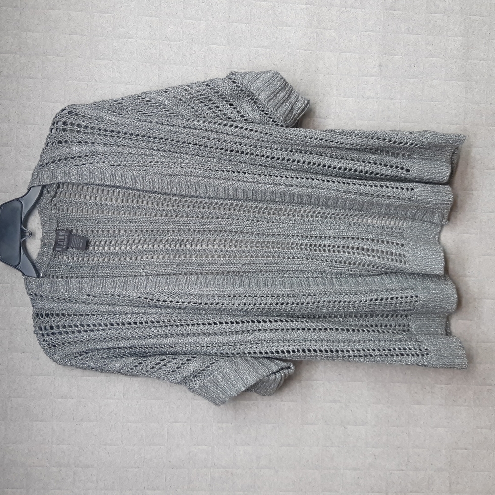 Chico's Silver Metallic Open Knit Cardigan Sweater Short Sleeve